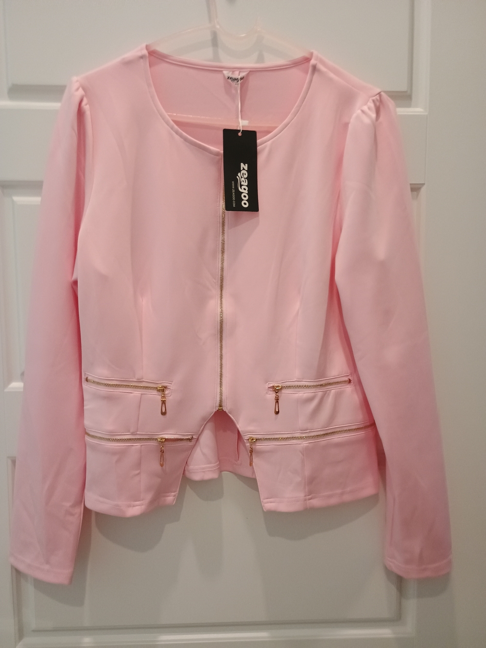 zeagoo Light Pink Zip-Front Blazer with Gold Zippers